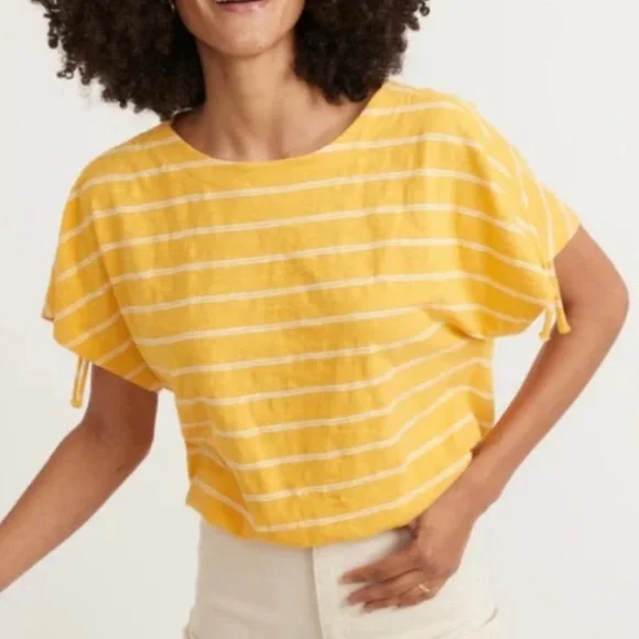 Marine Layer Blaine Cinch Women's Top in Yellow and White Stripes - Picture 2 of 7